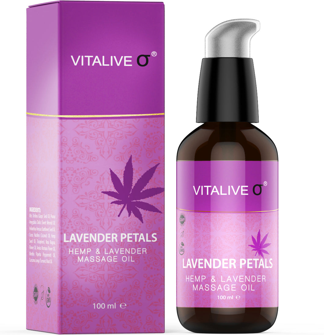 Lavender Petals Massage Oil with Hemp, Arnica, and Almond | Relaxing Aromatherapy Massage Oil for Skin, Muscles, Joints | Natural Essential Oil Body Oil | 100 ml by VITALIVE