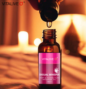 Sensual Whispers Massage Oil - Hemp, Ylang Ylang, Patchouli | Aromatherapy for Couples | Natural Romantic Body Oil | Muscle & Joint Relief | VITALIVE