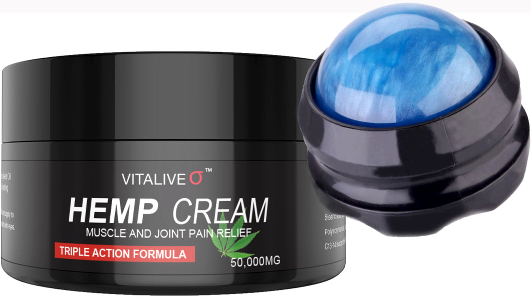 Hemp Oil Cream & Cryosphere Massage Roller Ball Gift Set:  Cold & Heat Relief Manual Ice Therapy | Anti-Inflammatory | Muscle and Joint Pain Relief | 50,000MG - Vitalive Nutraceuticals hemp-